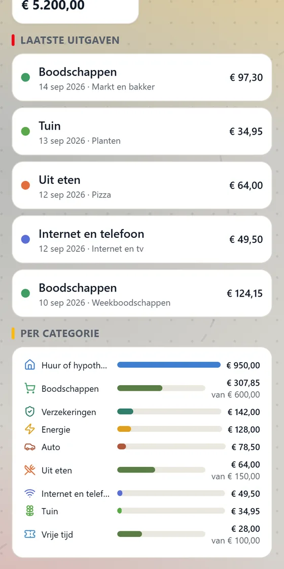 Per categorie wat er op is van het budget