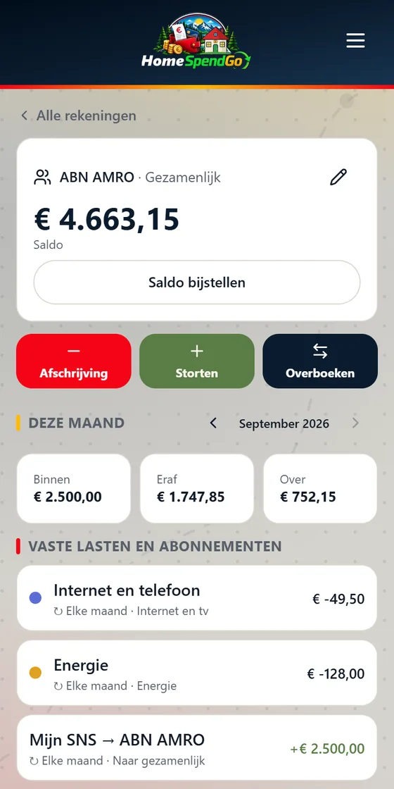 Eén rekening met saldo, afschrijven, storten, overboeken en de vaste lasten