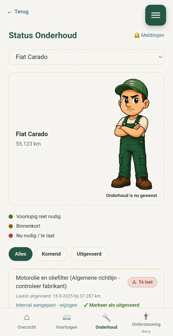 De stand van het onderhoud per voertuig, met kleuren en wat er te laat is
