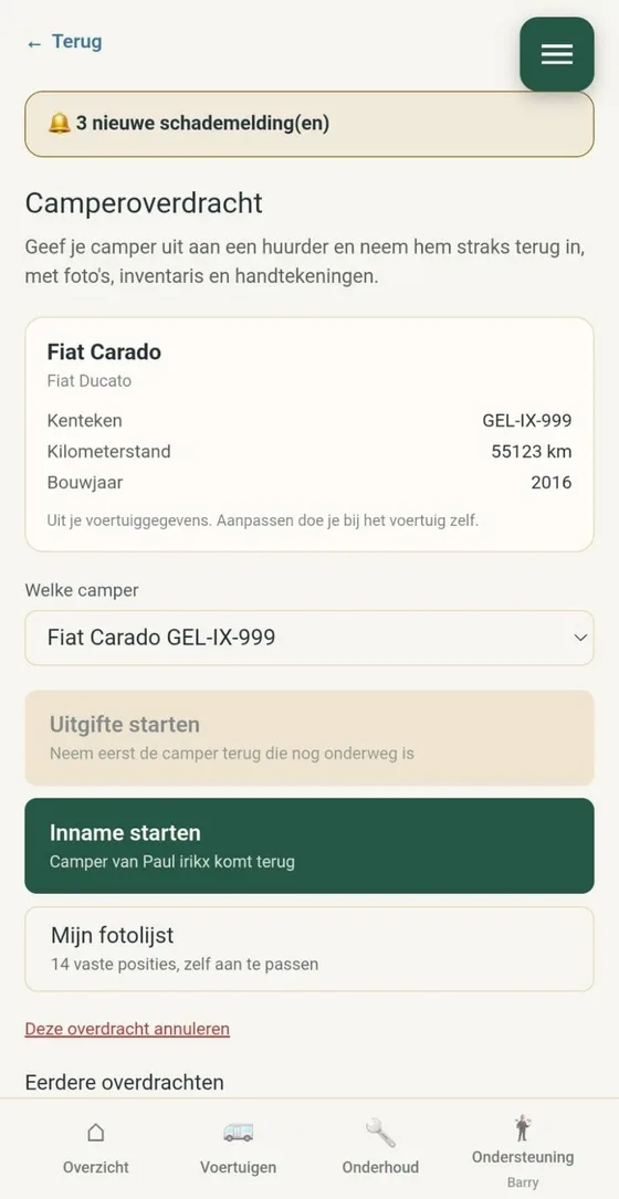 Camperoverdracht: uitgifte en inname starten vanuit één scherm