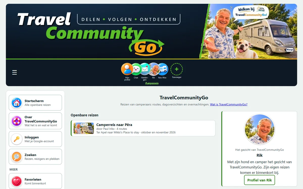 Het startscherm met de knoppenbalk, de openbare reizen en Rik als gezicht van TravelCommunityGo