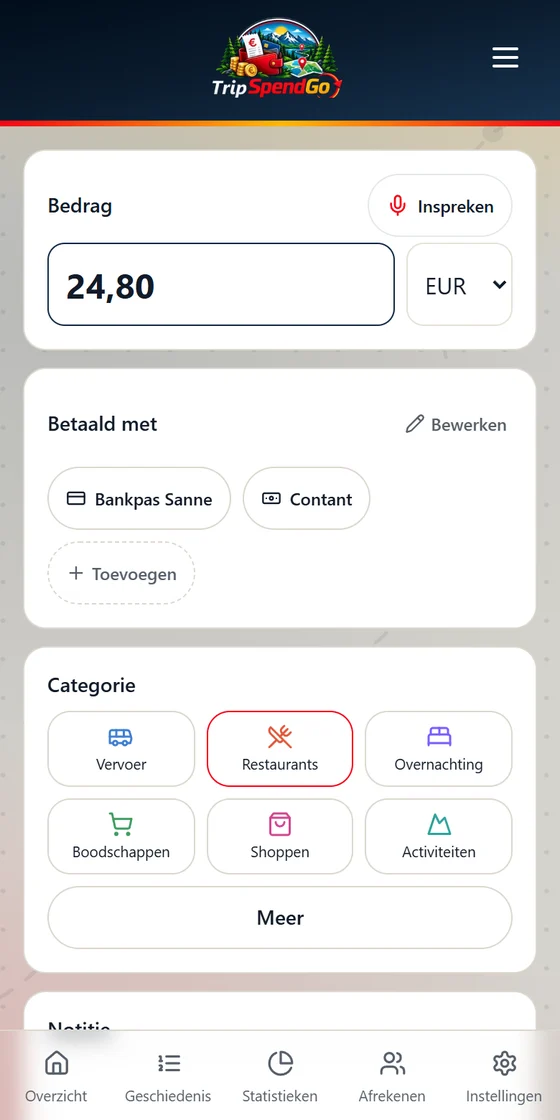 Een uitgave invoeren: bedrag, betaalmiddel en categorie