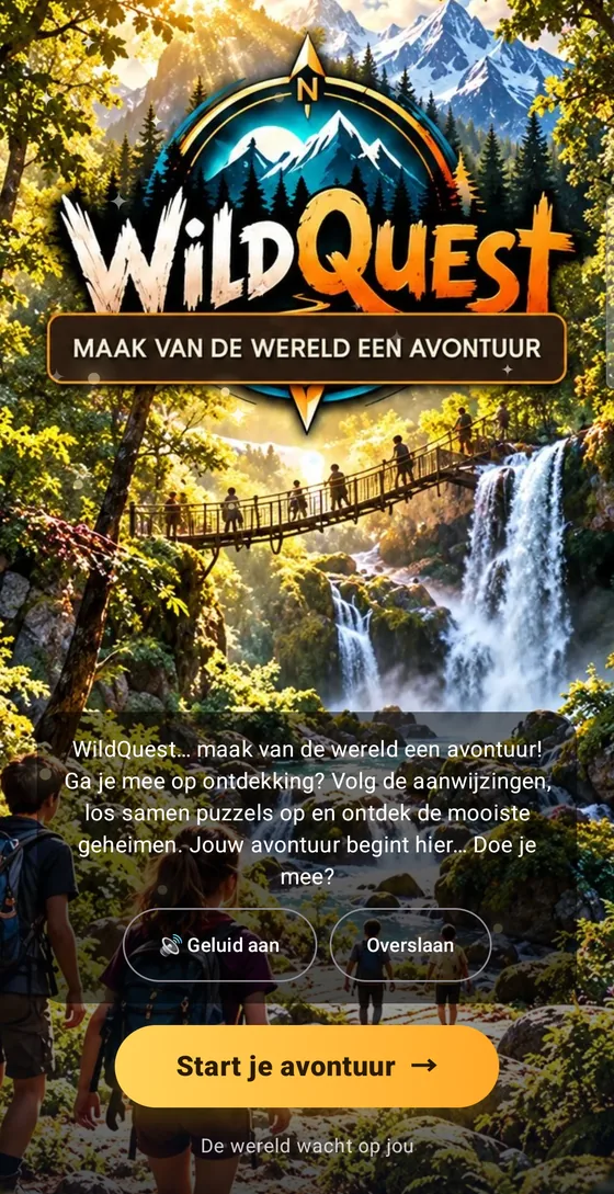 Het welkomstscherm met de tekst: WildQuest, maak van de wereld een avontuur